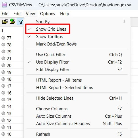 Show Grid Lines in CSV