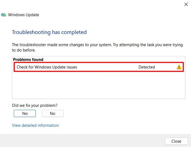 Windows Update Troubleshoot completes