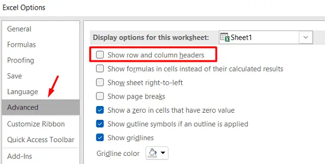 hide rows and columns headers using File Tab