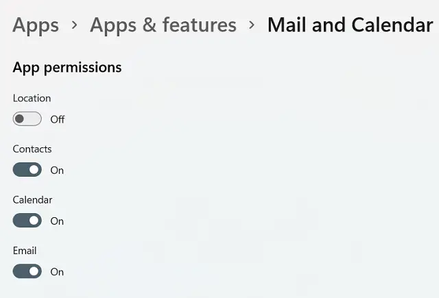 Allow permissions to Contacts, Location and others to Mail and Calendar