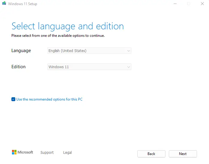 Select Windows 11 language and edition