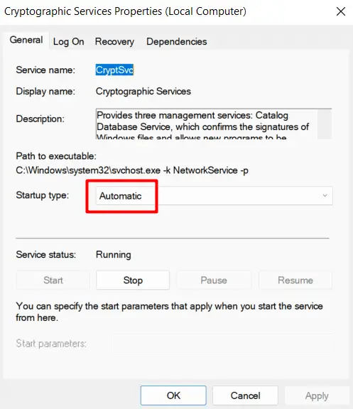 Stop and Start cryptographic Service