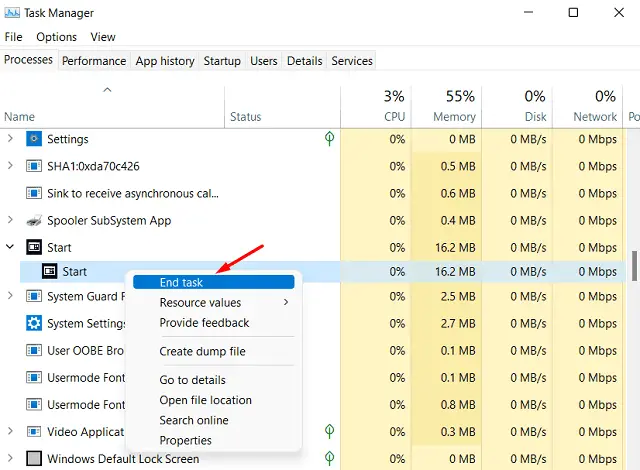 reset Start Menu in Windows 11 using Task Manager