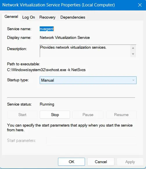 Network Virtualization Service - Change its startup type