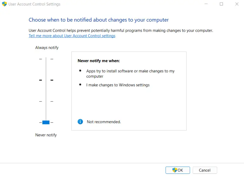 Never notify in UAC settings