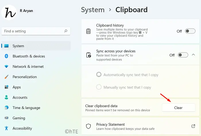 Clear Clipboard Contents via Settings