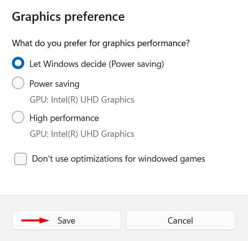 Graphics preferences on Windows 11 - Optimizations for windowed games