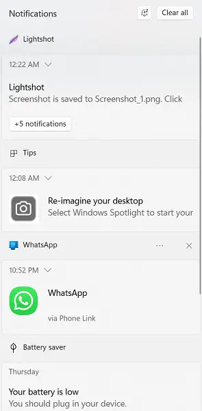 Notification Panel - Windows 11 22H2