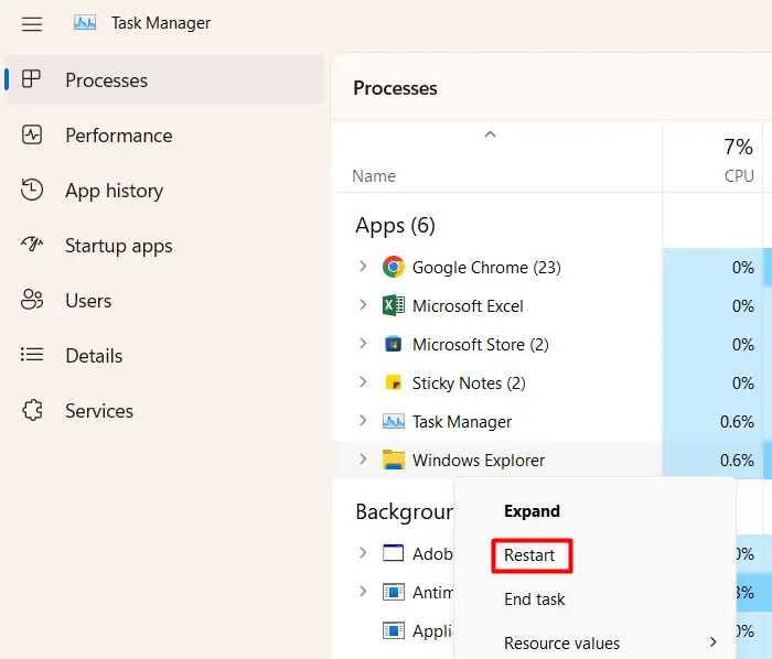 Restart Explorer on new Task Manager