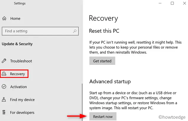 restart now under advanced startup in Windows 10