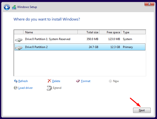 Choose the disk drive to install Windows 10 22H2