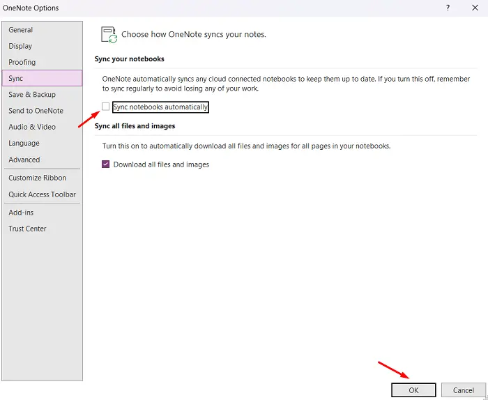 Disable auto syncing OneNote