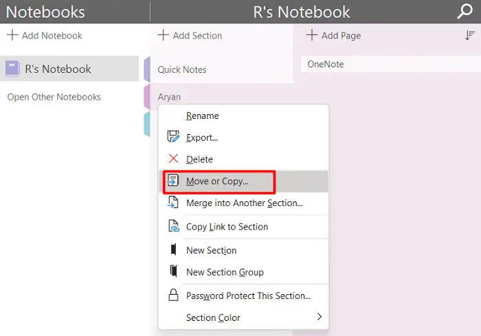 Move or Copy one section to another in OneNote