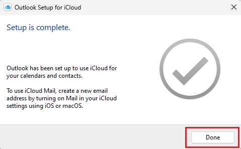 Outlook Setup for iCloud is complete