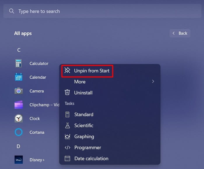 Unpin from Windows 11 Start