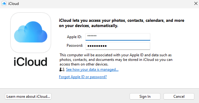 Use your AppleID and password to log into iCloud