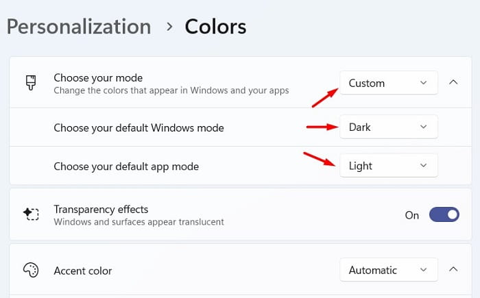 choose color for your default app and Windows