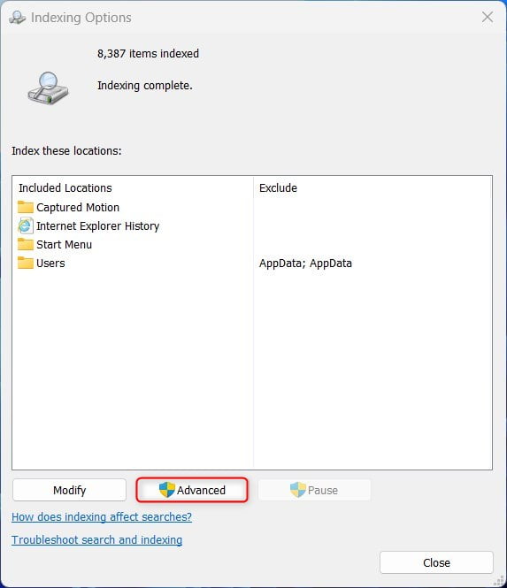 Advanced option in Indexing Options