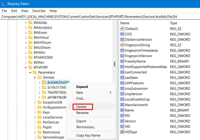Delete Bluetooth device from the registry