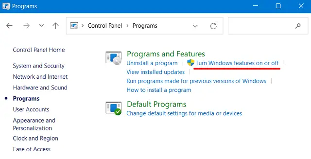 Turn Windows features on or off via Control Panel