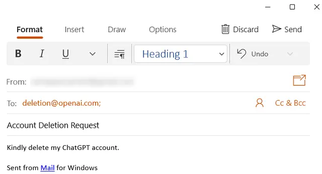 ChatGPT account deletion request via Email