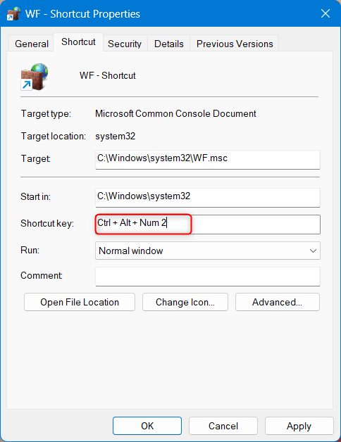 Create a keyboard shortcut to Firewall