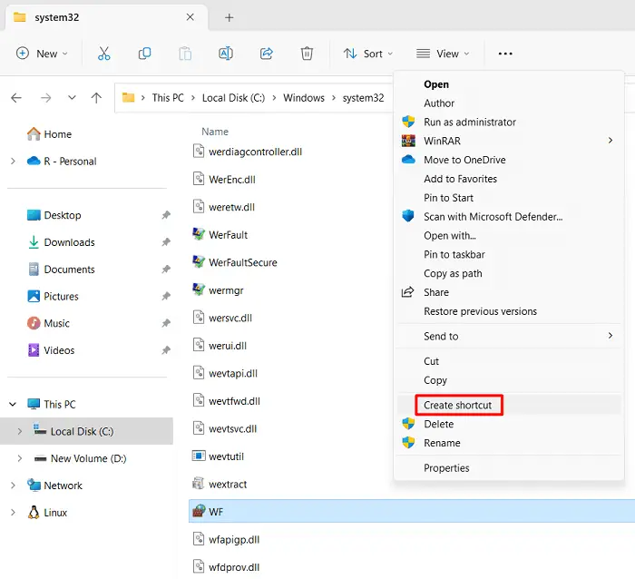 Create shortcut to Windows Firewall