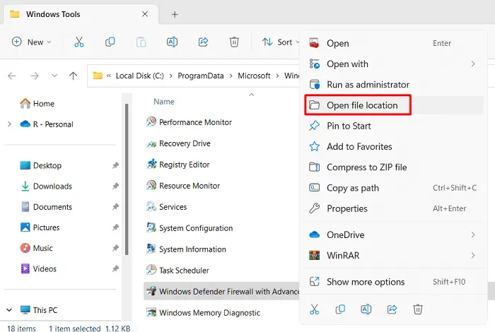 Open File location of Firewall under Windows Tools