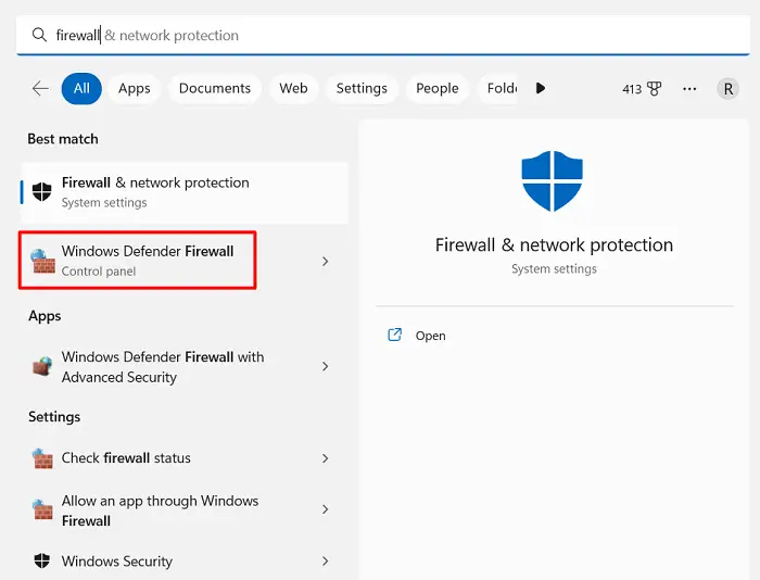 Open Firewall using Windows Search