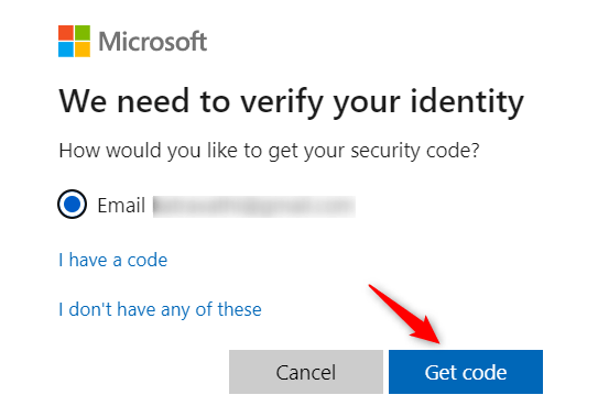 Provide your Mail id and click Get Code - Can't Switch to a Microsoft Account