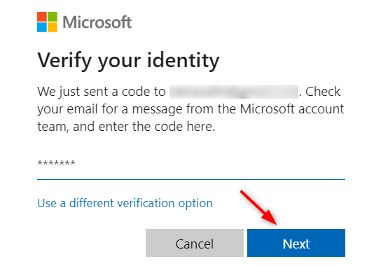 Use the Security code sent to your Mail id - Can't Switch to a Microsoft Account