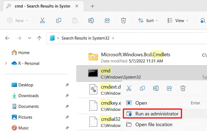 CMD through System32 folder in Windows 11