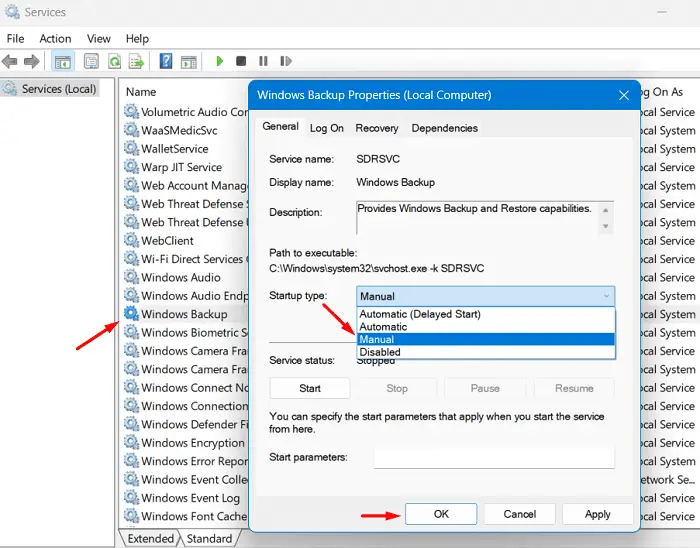 Configure Windows backup Service