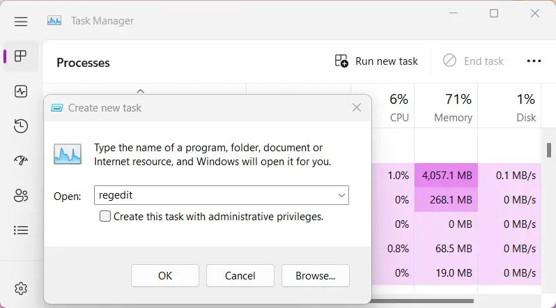 Open Registry Editor Using the Task Manager