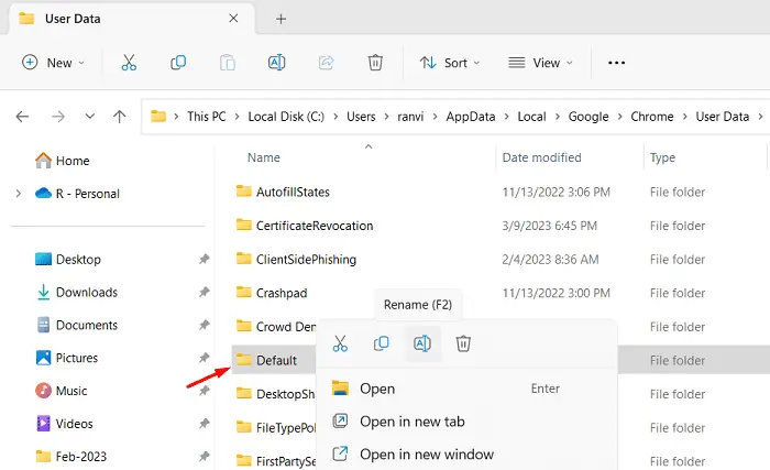Rename or delete the Chrome default folder
