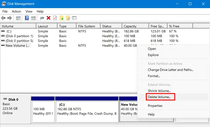 Delete a Volume on Disk Management