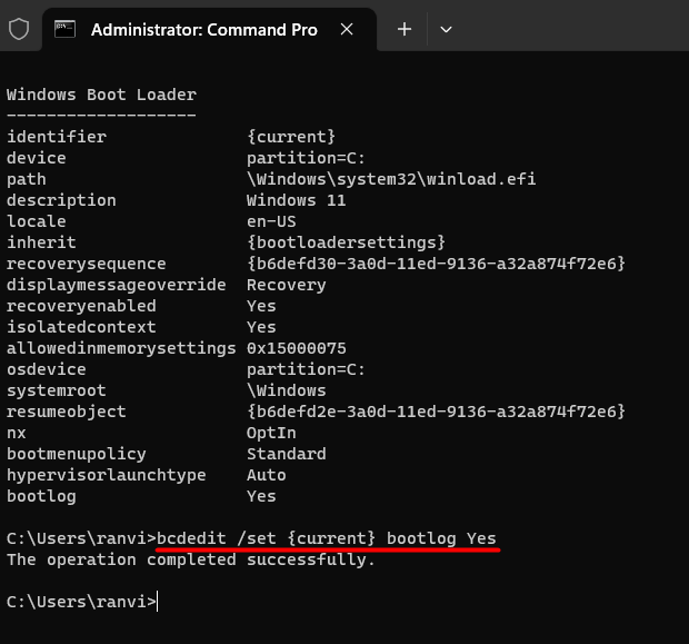 Enable Boot Log Process in Windows using CMD