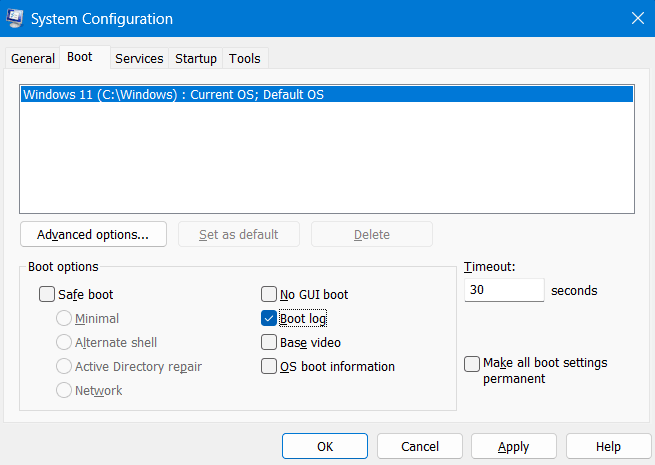 Enable Boot Log Process in Windows using MSConfig