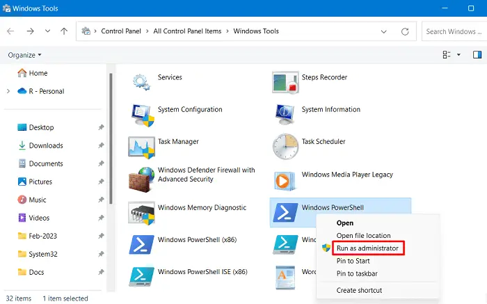 Open PowerShell as Admin using Windows Tools