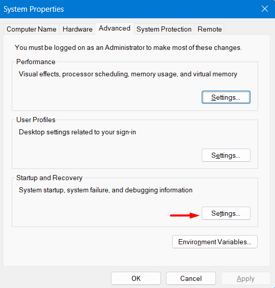 Startup and Recovery Settings in Windows 11