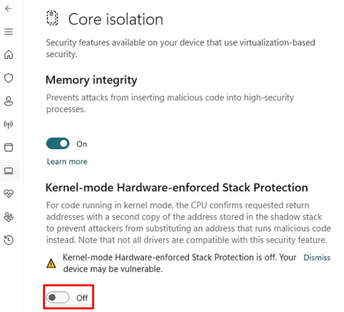 disable Kernel-mode Hardware-enforced Stack Protection