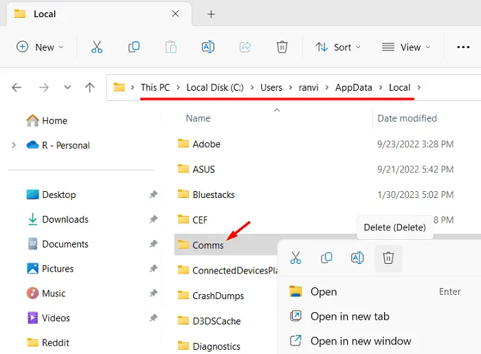 Delete the Comms Folder in Windows