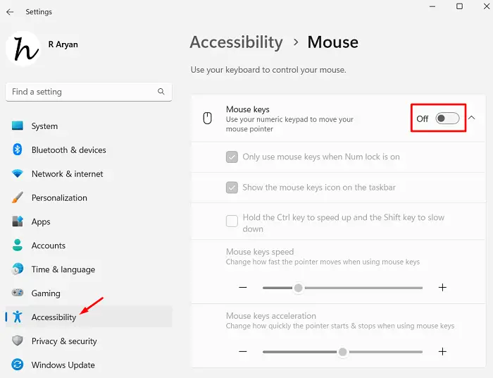 Disable using Mouse Keys under Accessibility