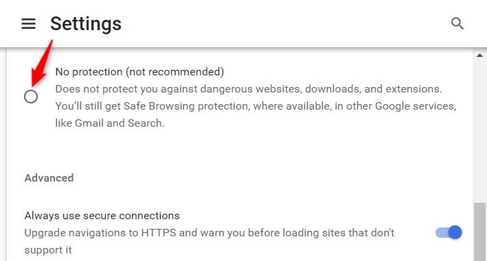 Turn off Safe Browsing in Chrome