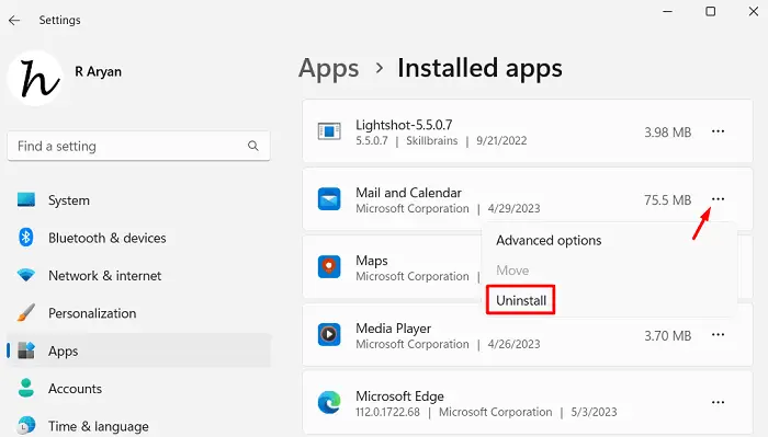 Uninstall mail and calendar from Windows 11 - Error 0x8007054e