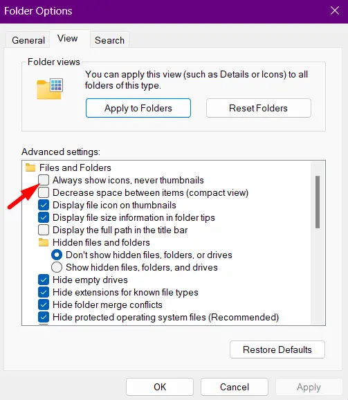 Always show icon never thumbnails - Clear Thumbnail Cache in Windows 11