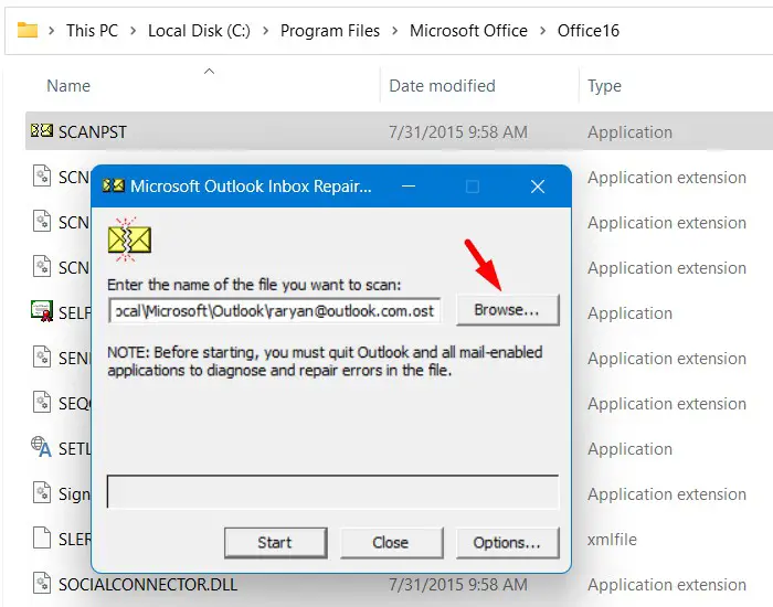 Browse to your corrupt profile in Outlook