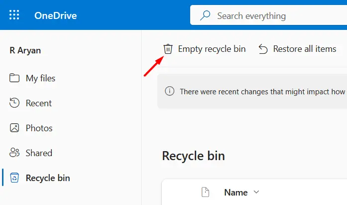 Empty Recycle Bin in OneDrive Web App