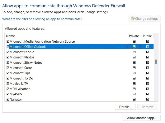 Enable Microsoft Outlook through Windows Firewall