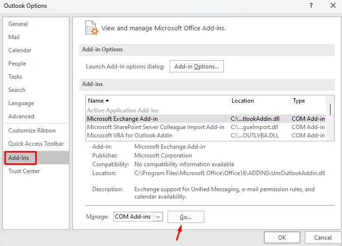 Manage Add-ins in Outlook options